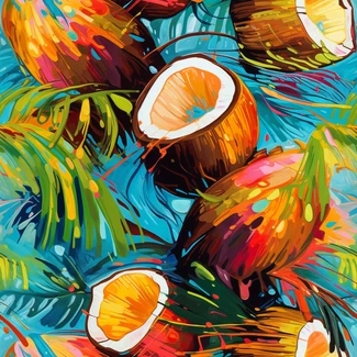 A repeating pattern of colorful coconuts and tropical palms in the style of vibrant neo-expressionism.