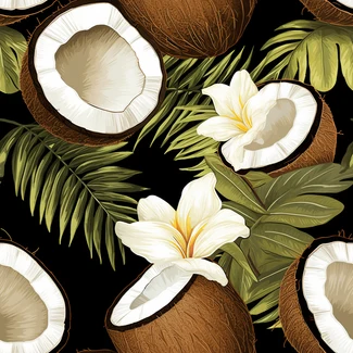 A whimsical tropical pattern featuring coconuts, coconut leaves, and white flowers