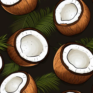 A seamless pattern featuring coconuts and palm leaves on a black background, with a mix of white and brown colors.