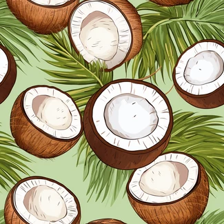 Tropical seamless pattern featuring coconuts and palm leaves on a light green and light brown background.