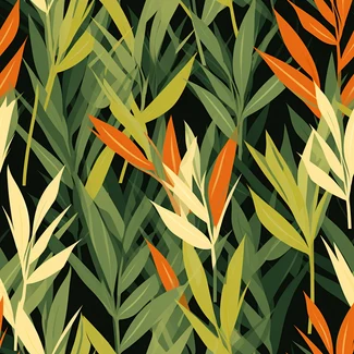 Colorful tropical foliage pattern featuring bamboo leaves, palms, and autumn leaves in shades of dark orange, light green, and dark navy against a black backdrop.