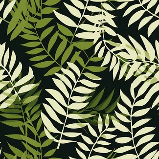 Tropical foliage seamless pattern featuring green and beige leaves on a black background
