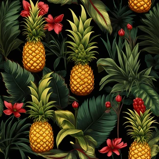 Colorful tropical fruits and palms pattern on black background