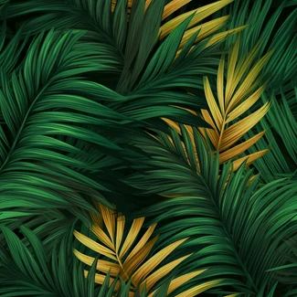 Tropical jungle leaves pattern with lush palm leaves and golden leaves on a dark green and teal background.
