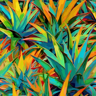 A colorful and vibrant pattern of tropical greenery featuring a scattered composition of realistic yet stylized plants in shades of orange and blue.