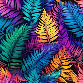 A colorful tropical leaf pattern on a black background.