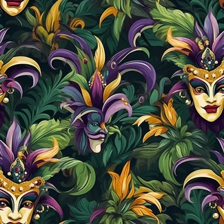 Colorful Mardi Gras masks surrounded by tropical flowers and leaves in a seamless pattern