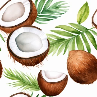 Watercolor illustration of a seamless pattern featuring coconuts and palm leaves on a white background.