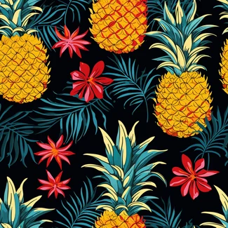 Tropical Oasis pattern featuring pineapples and flowers on a black background