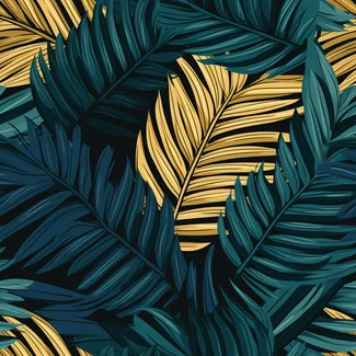 Tropical palm leaves in shades of blue and gold on a black background