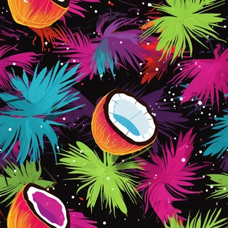 Colorful coconuts and palm leaves on a black background.