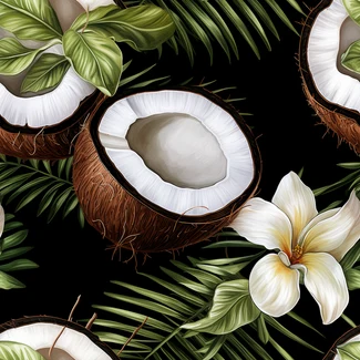 A seamless pattern featuring coconut leaves and flowers on a black background.
