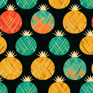 Colorful tropical pineapple pattern with simplified geometric shapes on a black background.