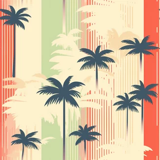 A vintage-inspired pattern featuring palm trees and stripes in a colorful and faded color palette.