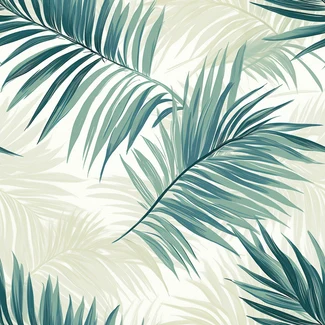 Tropical Teal Palm Leaves pattern featuring realistic illustrations of palm leaves on a light beige background in a calming palette of light teal, light navy, green and beige.