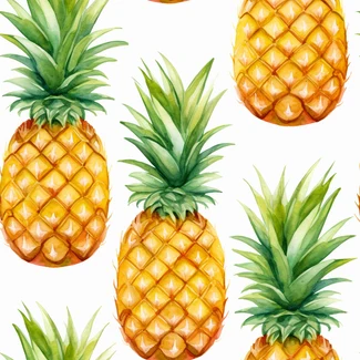 Watercolor seamless pattern of pineapples with brown leaves on a yellow background.
