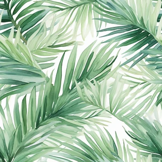 Watercolor illustration of palm leaves in a light emerald and white color scheme.