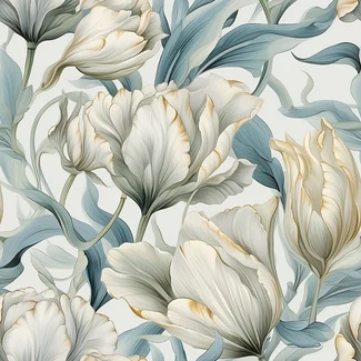 A seamless tulip pattern with white and beige illustrations on a light blue and green background.