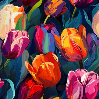A vibrant pattern of multicolored tulips on a watercolor background