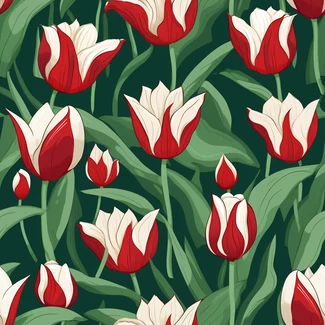 Red and white tulips on a green background in a repetitive pattern
