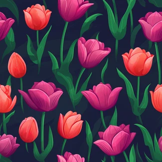 A seamless pattern of pink and red tulips on a dark background