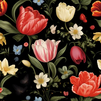 Floral pattern with tulip roses, wild flowers, roses, and tulips on a black background.
