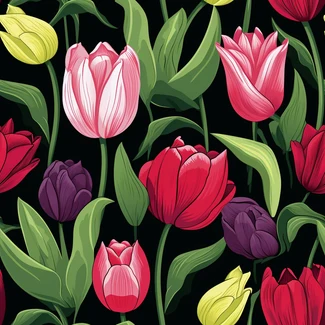 Tulip Symphony - seamless pattern featuring tulips blooming in vivid colors against a dark background