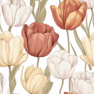 Seamless pattern featuring tulips in golden age illustration style on a white background with warm and muted colors.