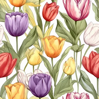 Watercolor tulips and leaves seamless pattern on a white background