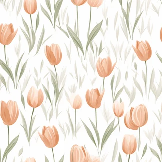 Tulip Dreams seamless pattern featuring white background with orange, peach, pink, and white tulips and grass in light orange and light gray color palette.