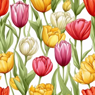 A seamless pattern of colorful tulips on a white background
