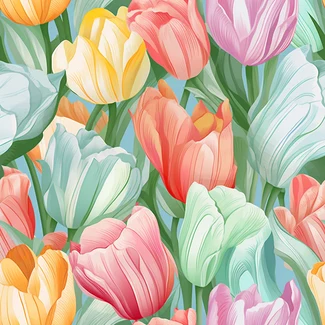 A seamless digital illustration of a colorful tulip bouquet with a white background and pastel colors.