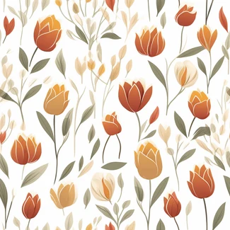 A seamless pattern of orange tulips on a white background with leaves.