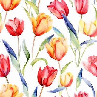 A seamless watercolor pattern of colorful tulips on a white background.
