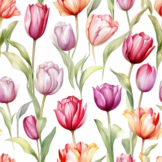 A watercolor seamless pattern featuring detailed and realistic tulips in shades of red, pink, and yellow on a clean white background.
