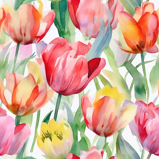 A colorful watercolor illustration of tulips on a white background with a seamless repeating pattern.