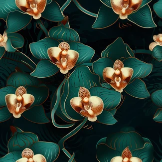 Turquoise orchids with gold leaves on a black background