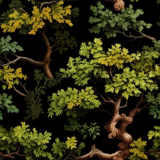 Twisted Oak Tree Wallpaper featuring a botanical pattern of twisted branches and lush leaves on a black background.