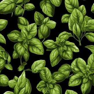 A seamless pattern featuring green basil leaves on a black background.