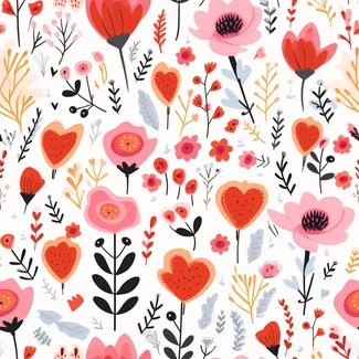 A seamless pattern featuring whimsical hearts and delicate flowers in shades of pink and red on a white background.