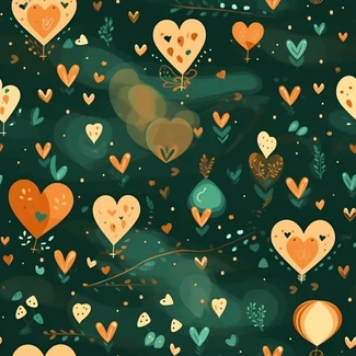 Whimsical Valentine's Day pattern with hearts, balloons, and nature-inspired motifs on a green background.