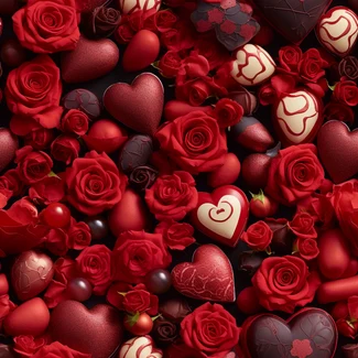Valentine's Day pattern with red and white roses, chocolates, colorful hearts, and flowers
