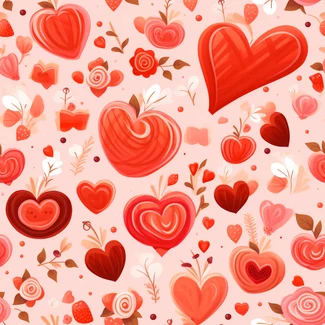 A seamless pattern of red hearts and leaves in a playful and colorful style perfect for Valentine's Day