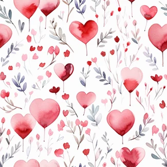 Valentine's Day watercolor pattern of hearts, flowers, and leaves on a white background