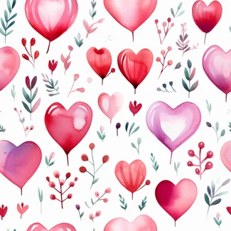 Valentine's Day watercolor hearts seamless pattern with pink and red hearts and florals on a light magenta and red background.