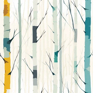 A seamless pattern of birch trees in a forest with blond, blue, and gold tones.