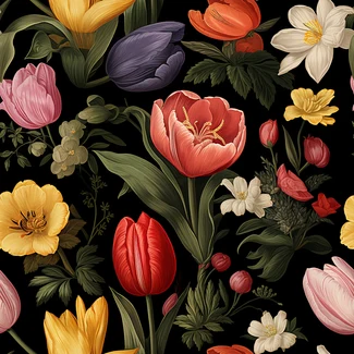 A beautiful seamless pattern of blooming flowers against a black background
