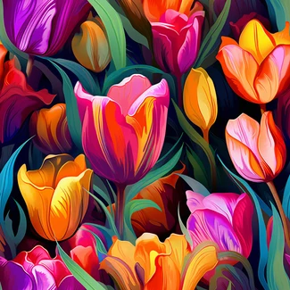 A colorful and dynamic floral pattern featuring tulips and daffodils on a black background with abstract designs.