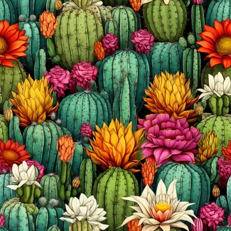 A colorful pattern of cacti and flowers on a white background