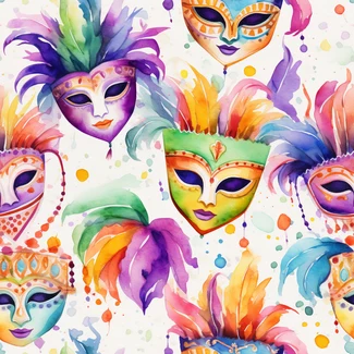 Colorful carnival masks in a watercolor pattern
